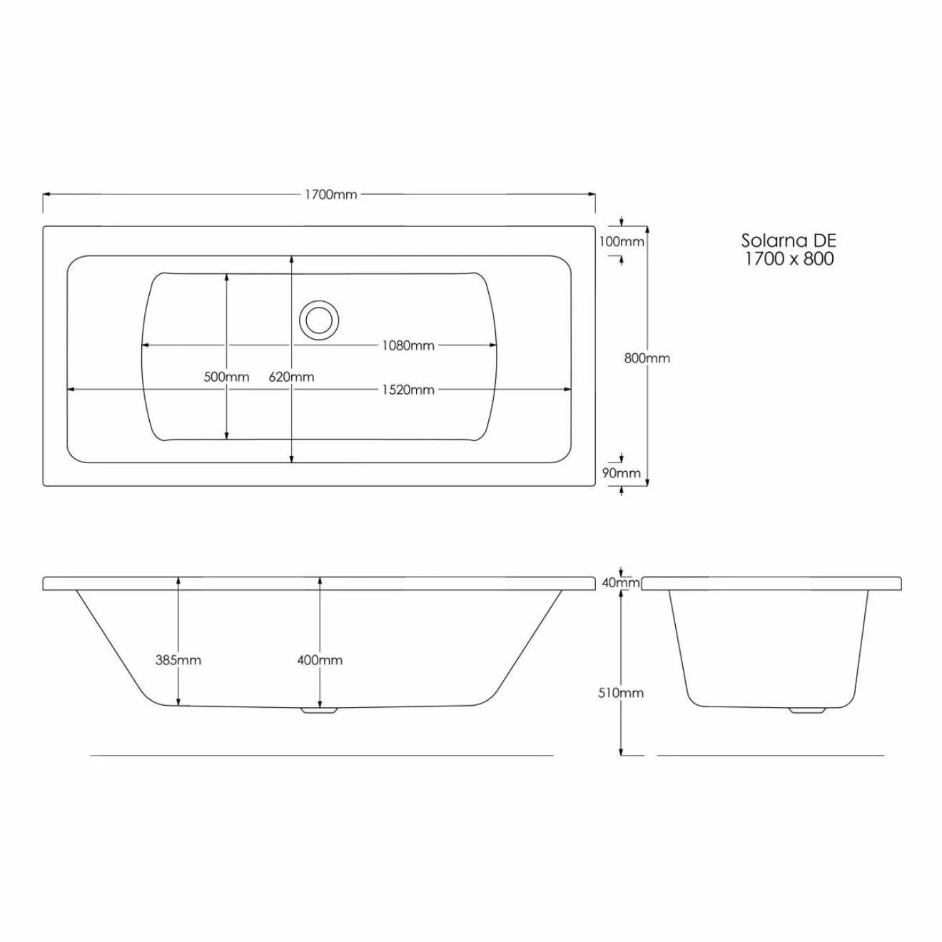 Trojan Solarna Double Ended Bath with 8 Jet Whirlpool System 1700x800mm 