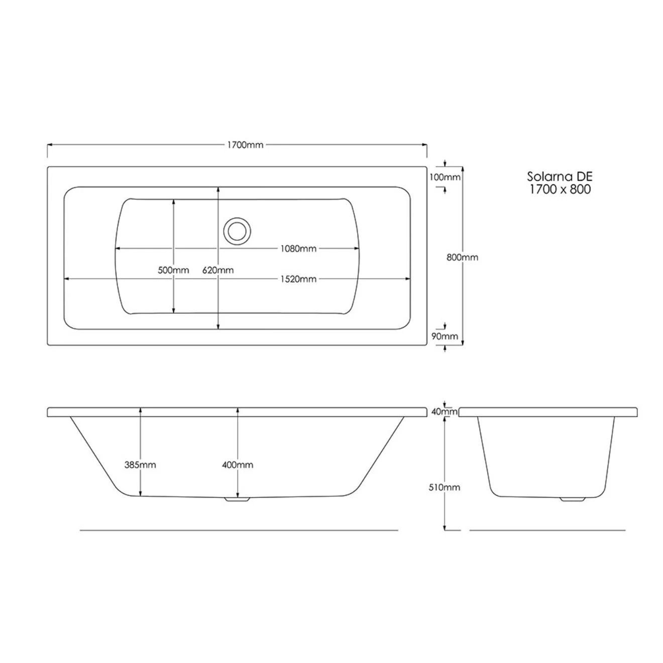 Trojan Solarna Double Ended Bath with 8 Jet Whirlpool System & Light 1700x800mm 
