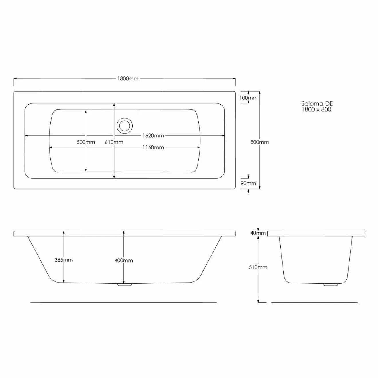 Trojan Solarna Double Ended Bath with 8 Jet Whirlpool System 1800x800mm 