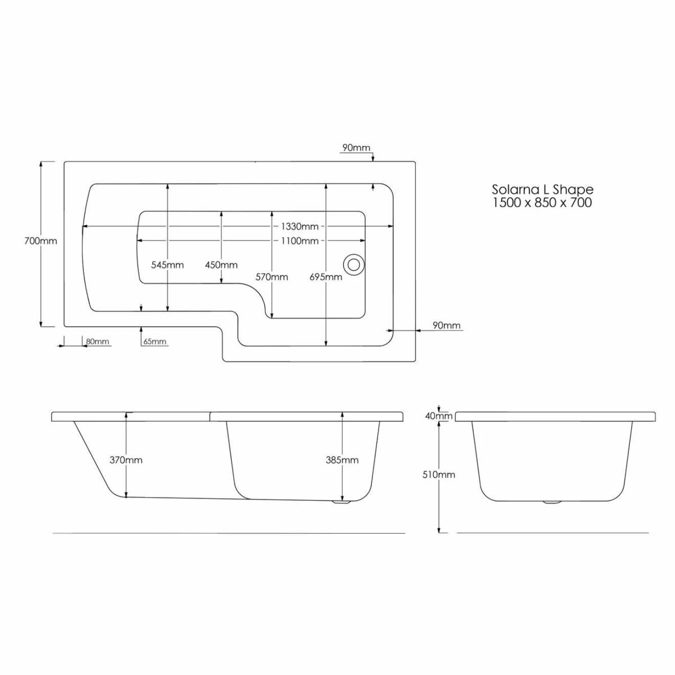 Trojancast Solarna L Shaped Shower Bath with 14 Jet Whirlpool System & Light 1500x850x700mm Right Hand