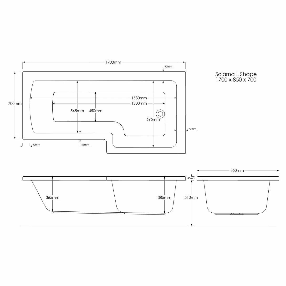 Trojancast Solarna L Shape Bath with 14 Jet Whirlpool System With Inline Heater & Light 1700x850x700mm Right Hand