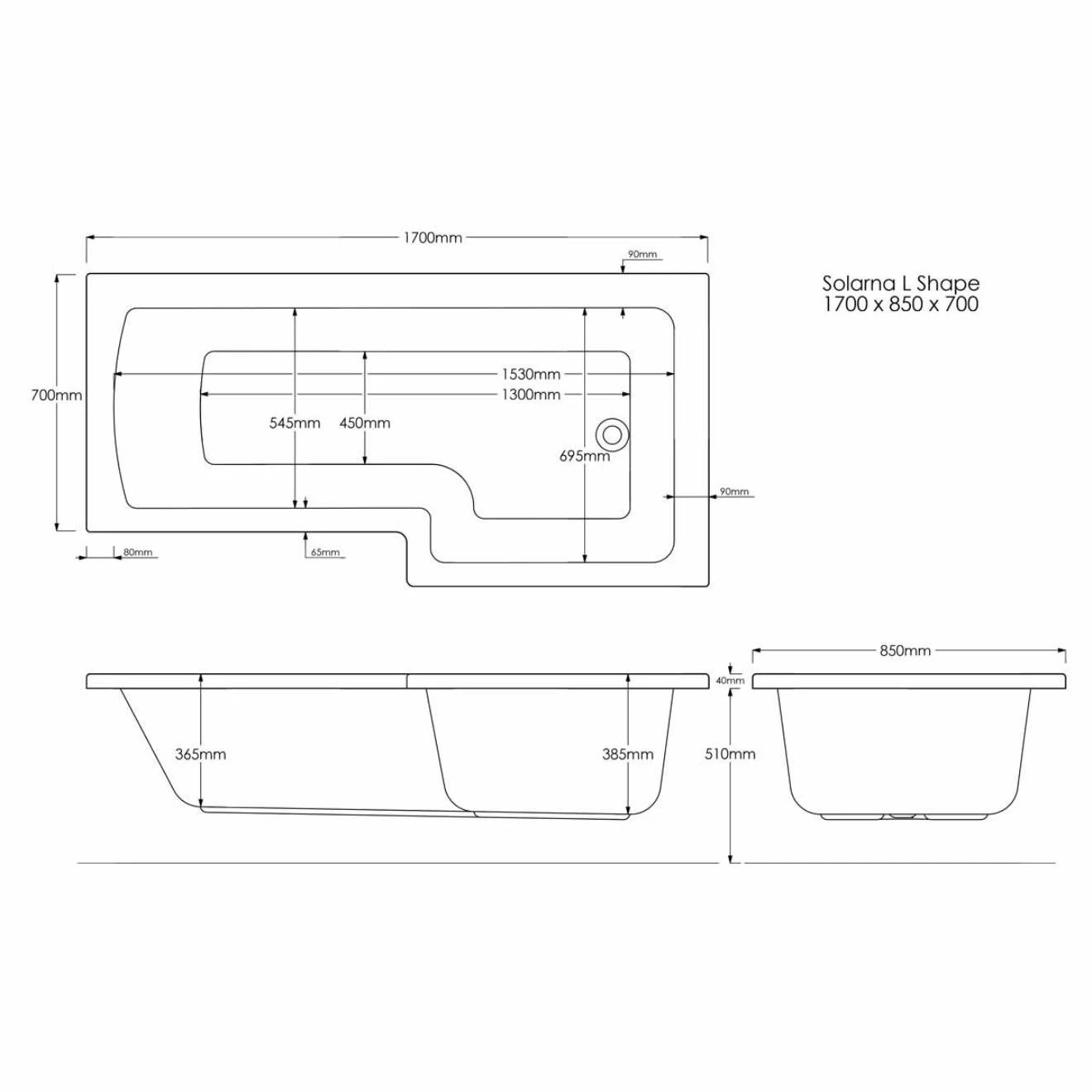 Trojancast Solarna L Shaped Shower Bath with Panel & Towel Rail Screen 1700x850x700mm Left Hand