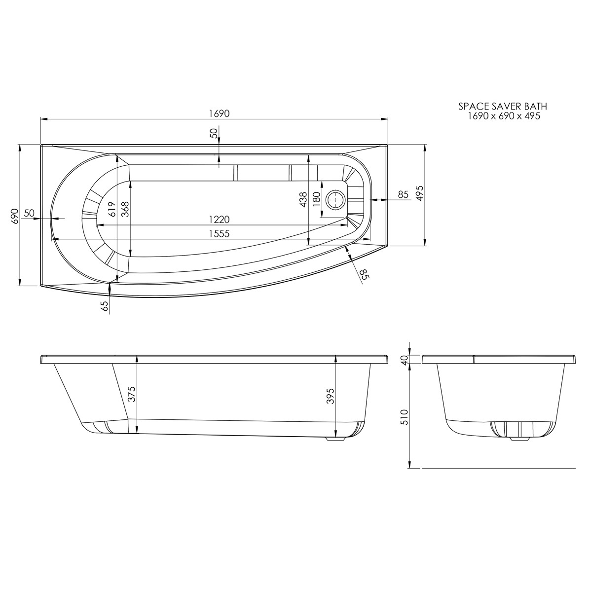 Trojan Space Saver Bath with Panel & Screen 1690x690x500mm Left Hand