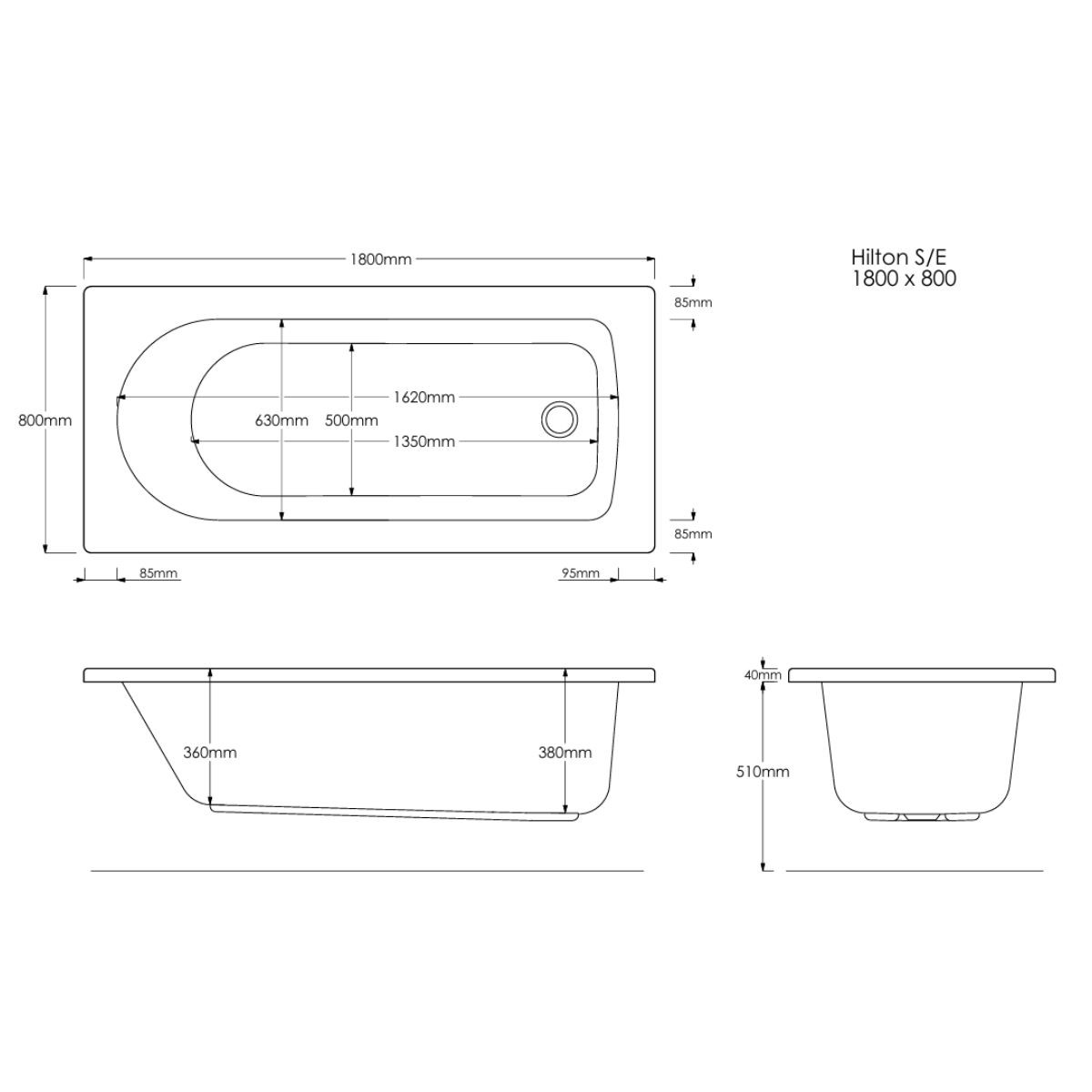 Trojancast Hilton Single Ended Bath 1800x800mm