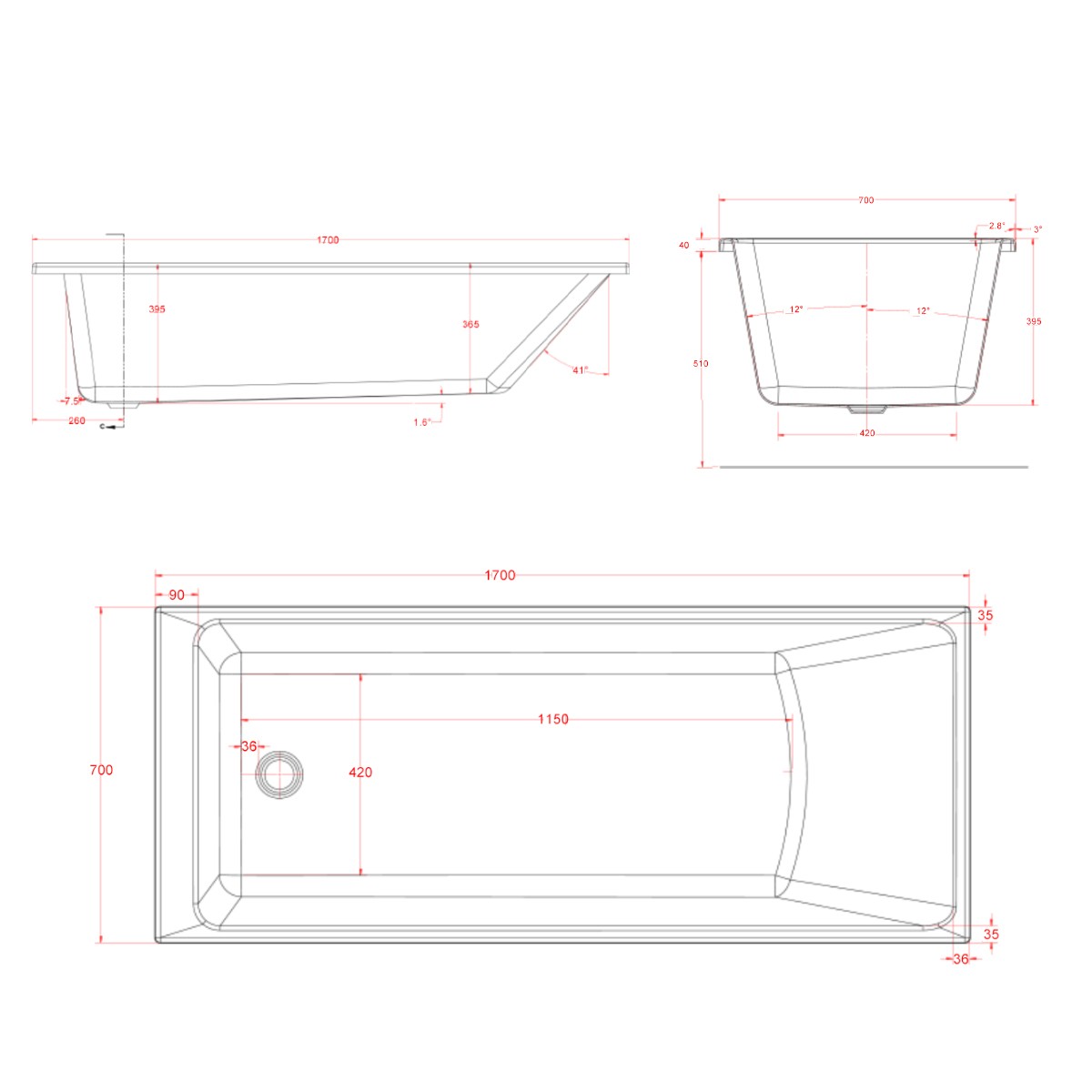 Trojancast Elite Edge Single Ended Bath 1700x700mm