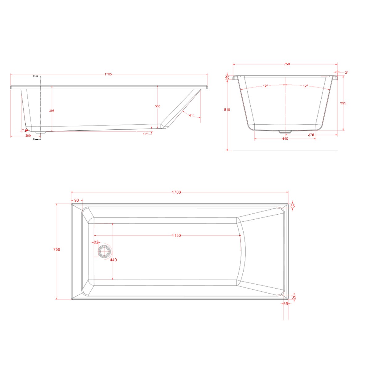 Trojancast Elite Edge Single Ended Bath 1700x750mm