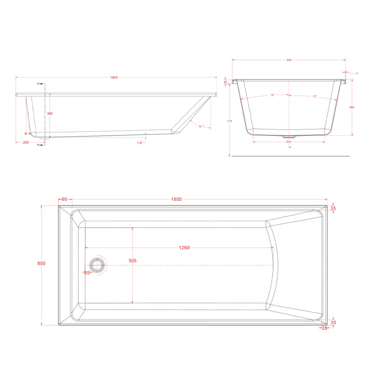 Trojancast Elite Edge Single Ended Bath 1800x800mm