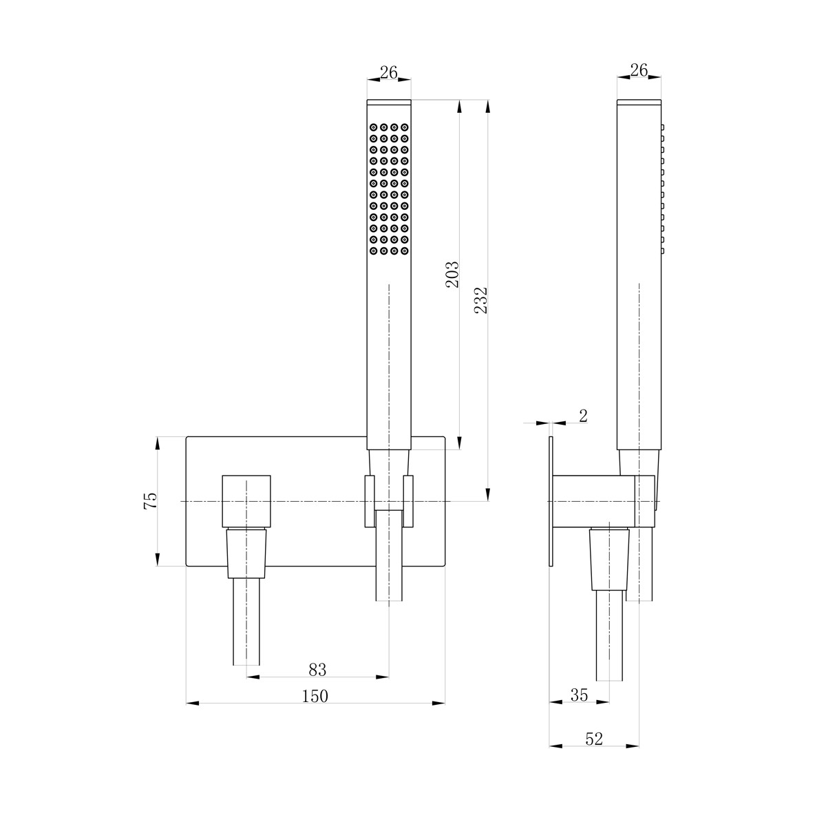 Cube Matt Black Handset & Hose with Integrated Wall Elbow