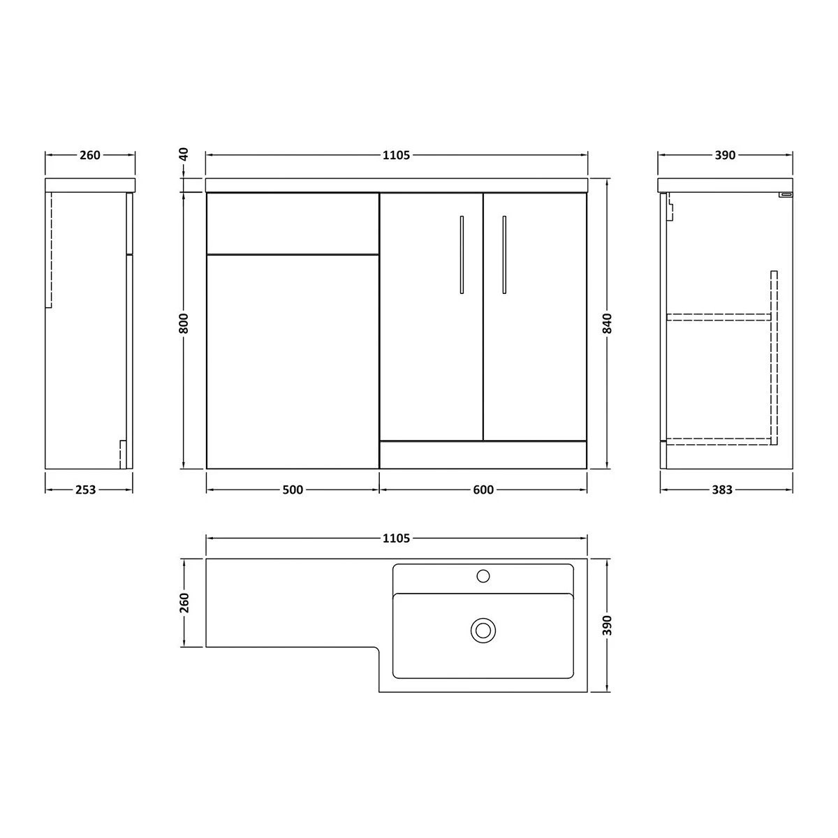 Arno Gloss White Combination Toilet & Basin Unit 1100mm Right Hand