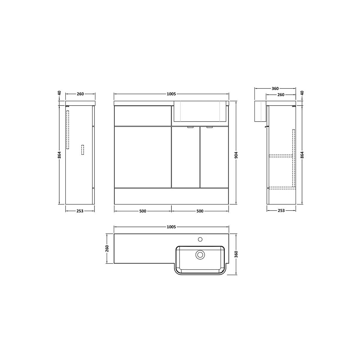 Fusion Gloss White J Shaped Combination Unit 1000mm Right Hand