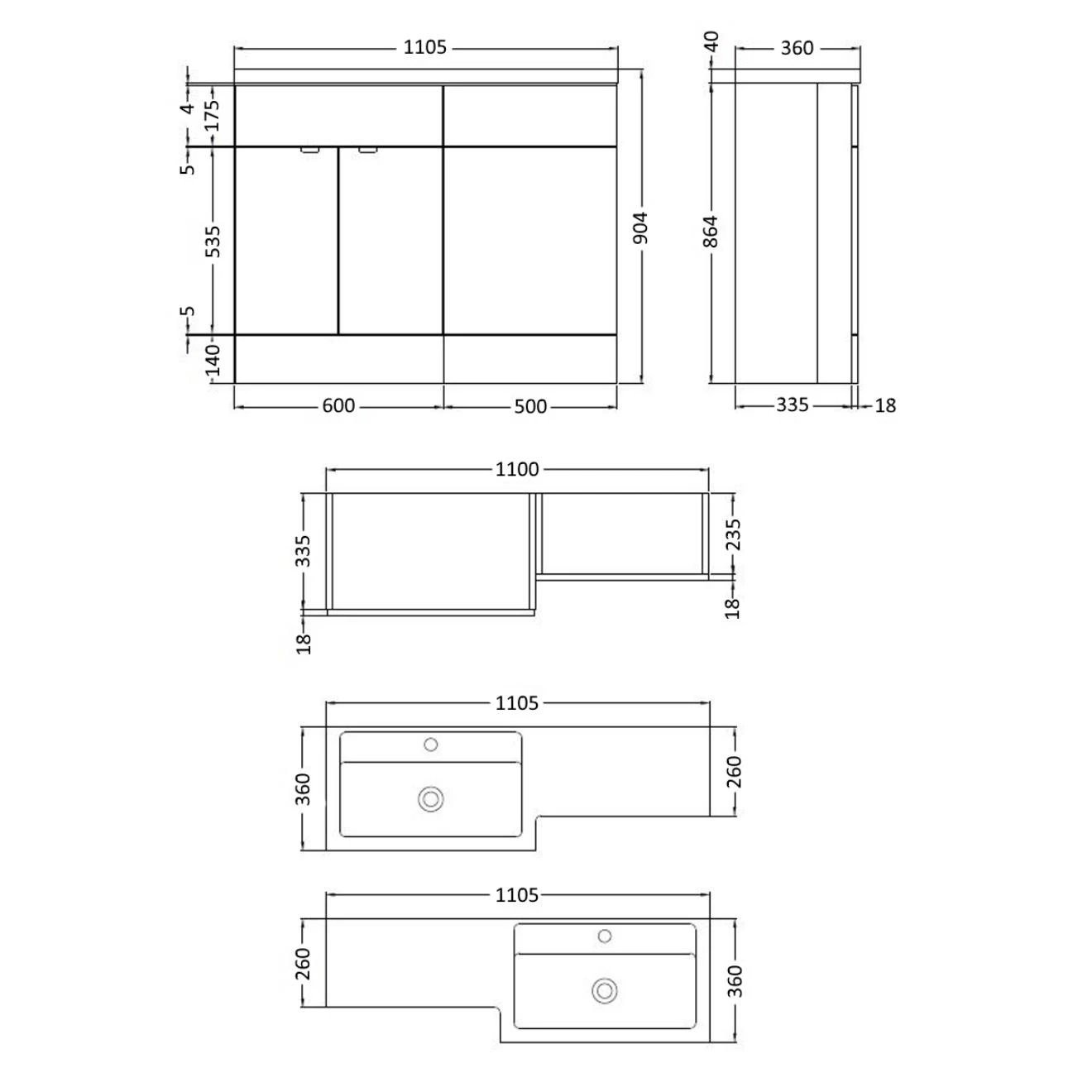Fusion Gloss White Combination Unit & Basin 1100mm Right Hand